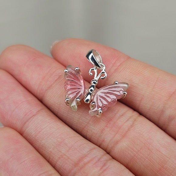 Real Hand carved Butterfly Watermelon Tourmaline Pendant - Picture 3 of 5